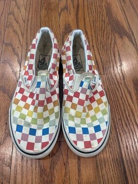 Vans Slip-On Rainbow Checkerboard Canvas Sneakers - size 8